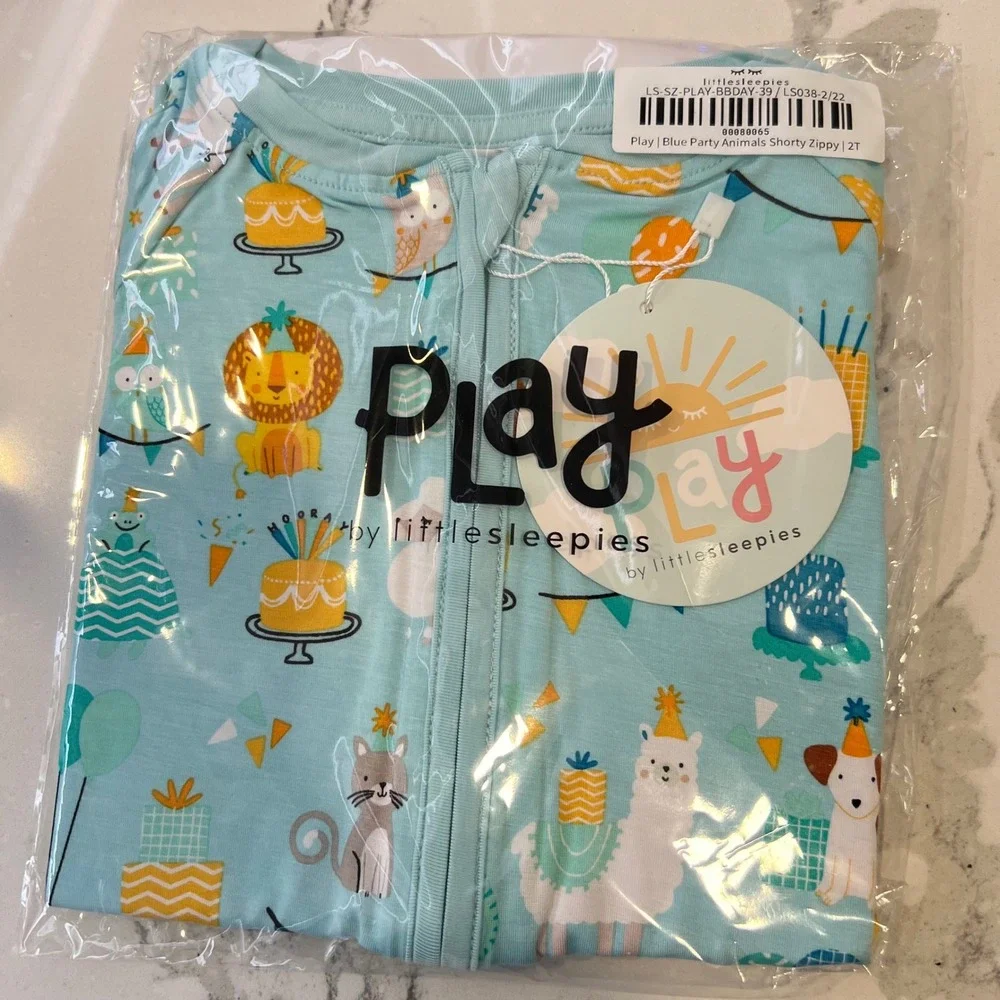 Little Sleepies | Play Blue Party Animals‎ Shorty Bamboo Zippy Size 2T NWT